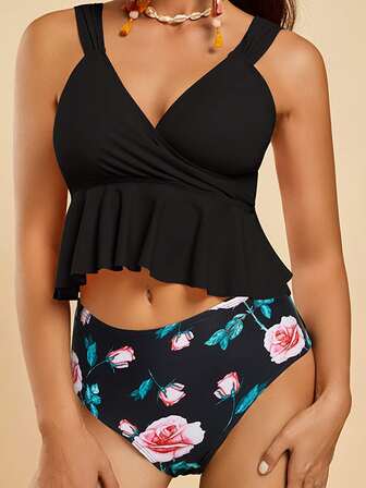 New European And American Style Two-Piece Tankini With High-Waisted Tankini And Ruffle Trim Leaf Print Tankini Summer