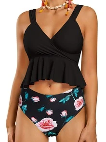 New European And American Style Two-Piece Tankini With High-Waisted Tankini And Ruffle Trim Leaf Print Tankini Summer - Black - View 2