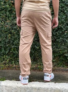 Calça Cargo Sarja Feminino Masculino Confortavel Bolsos Cordao Tecido Premium Leve e Macio - Bege - Visão 4