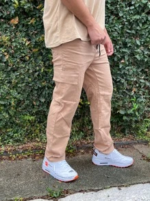 Calça Cargo Sarja Feminino Masculino Confortavel Bolsos Cordao Tecido Premium Leve e Macio - Bege - Visão 3