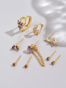 8pcs/set Purple Zirconia & Chain Design Earring Set - Purple - View 2