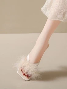 Women's High Heel Sandals, Elegant Style, Chunky Heel, Open Toe, Suitable For Daily Wear, Pair With Fur Accessories, All-match Slippers, Perfect For Summer