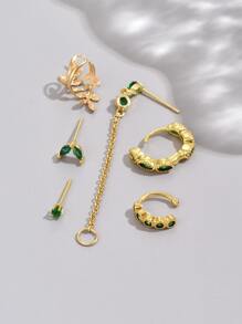 6 piezas/set Set joya verde zirconia cúbica colgante elegante con cadena oreja - Verde - Ver 2