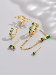 6 piezas/set Set joya verde zirconia cúbica colgante elegante con cadena oreja - Verde - Ver 3