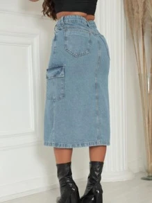 Women Denim Skirts - 中等水洗藍 - 查看 5