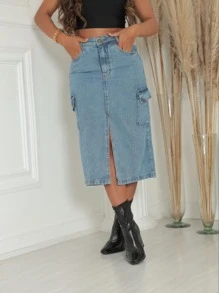 Women Denim Skirts - 中等水洗藍 - 查看 3