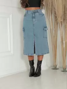 Women Denim Skirts - 中等水洗藍 - 查看 1