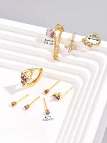 8pcs/set Purple Zirconia & Chain Design Earring Set - Purple - View 4