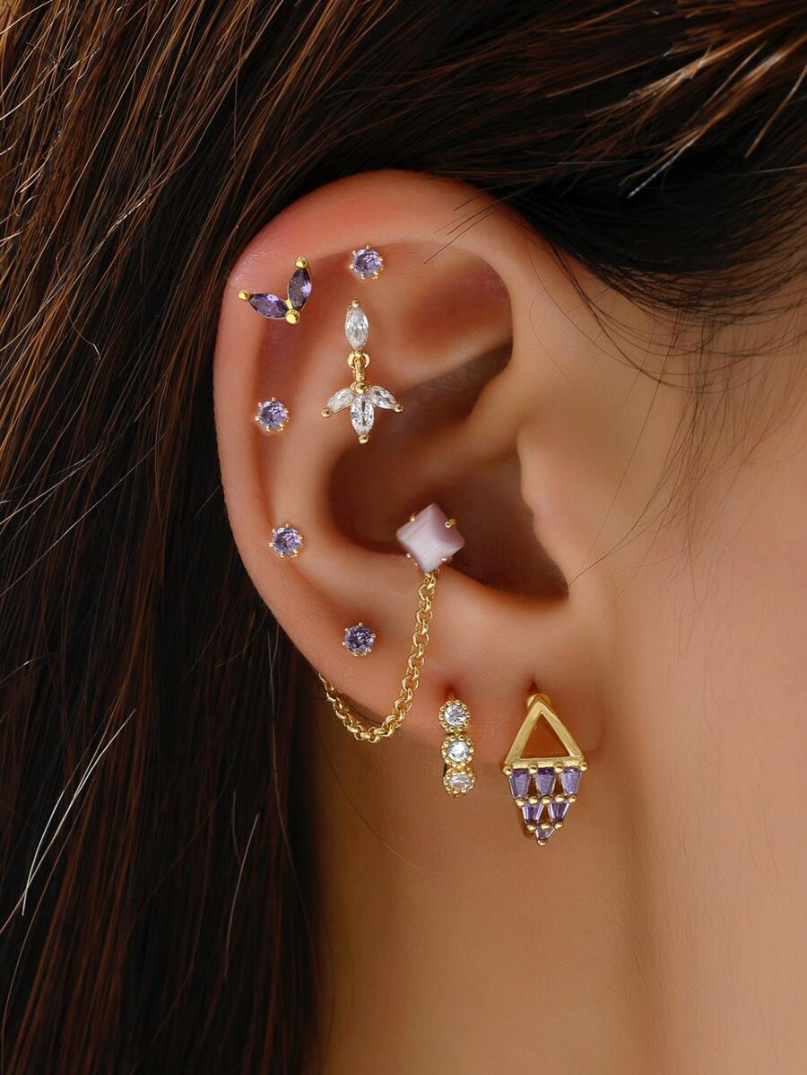 8pcs/set Purple Zirconia & Chain Design Earring Set - Purple - View 1