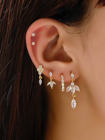 6入組/套方晶鋯石&精美鏈條裝飾耳環套裝