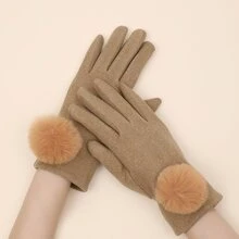 1pair Khaki 5 Fingers Touchscreen Thermal Gloves With Small Pompom - Khaki - View 1