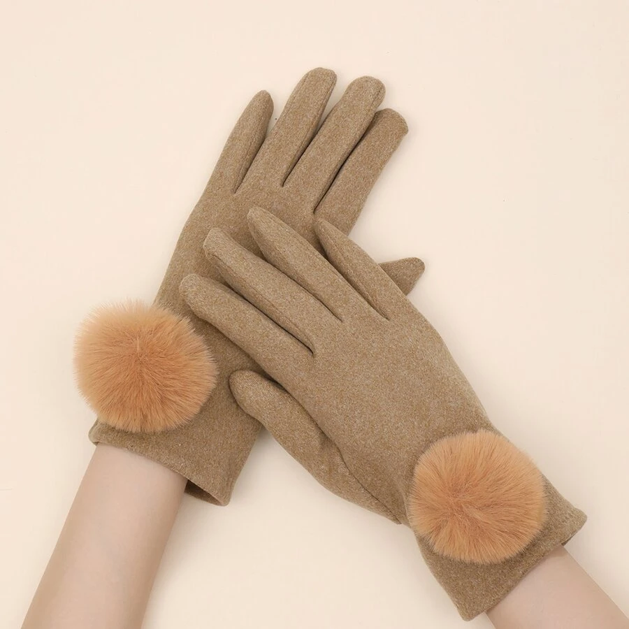 1pair Khaki 5 Fingers Touchscreen Thermal Gloves With Small Pompom - Khaki - View 1