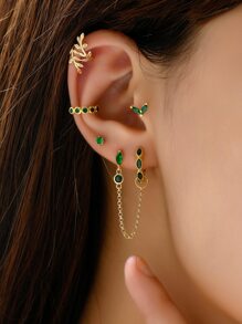 6 piezas/set Set joya verde zirconia cúbica colgante elegante con cadena oreja - Verde - Ver 4