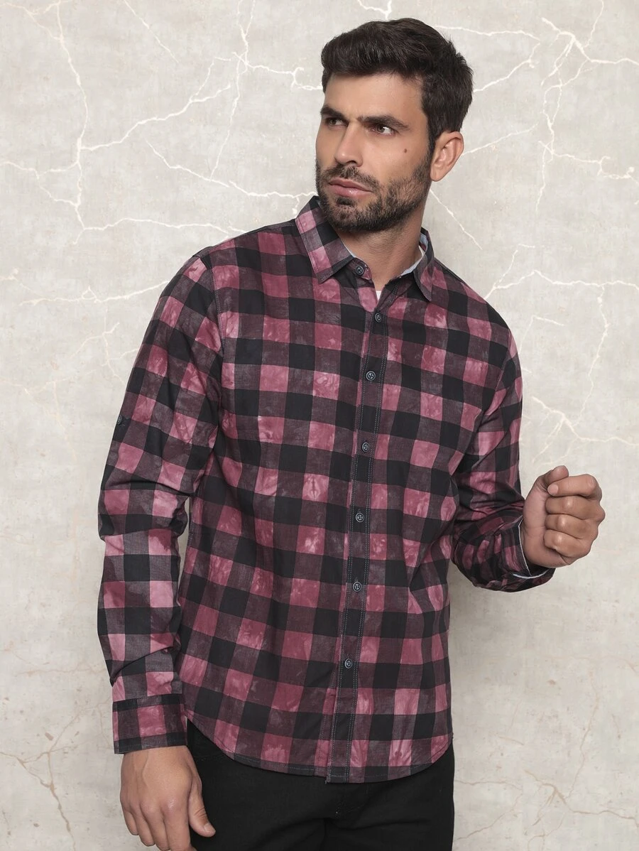 Camisa xadrez Masculina 100% Algodão - Rosa chiclete - Visão 1
