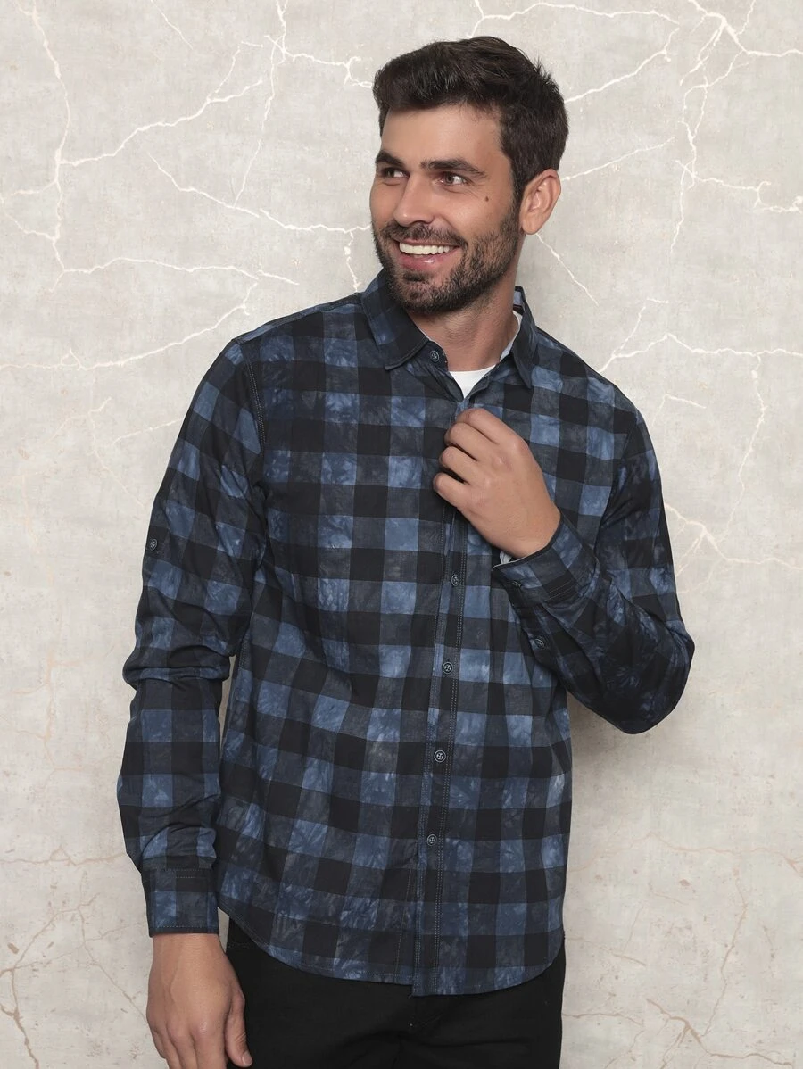 Camisa xadrez Masculina 100% Algodão - Azul - Visão 1