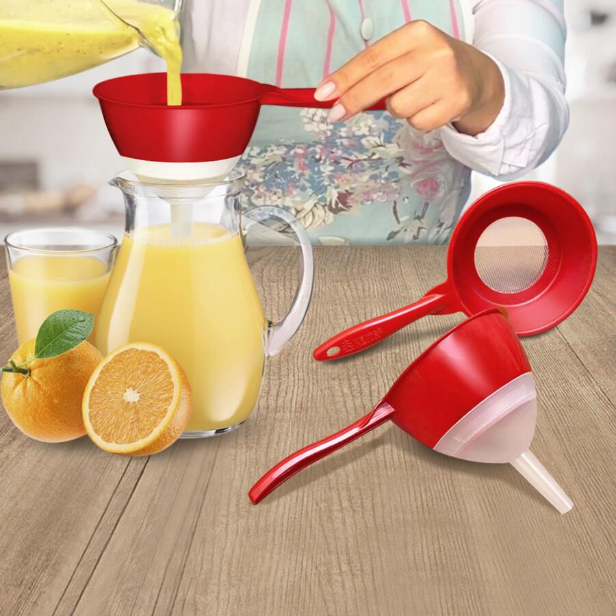 Coador Peneira Com Funil 2 Em 1 Plástico Utensilio Cozinha - Vermelho - Visão 1