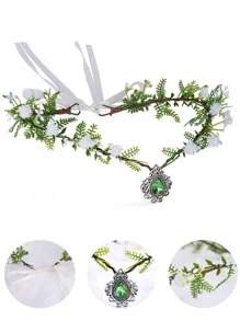 2 件套绿叶花环万圣节头饰森林仙女皇冠小精灵尖耳朵发冠摄影头饰节日角色扮演、圣诞节 - 綠色 - 查看 2