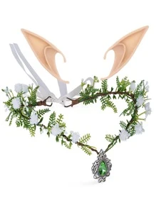 2 件套绿叶花环万圣节头饰森林仙女皇冠小精灵尖耳朵发冠摄影头饰节日角色扮演、圣诞节 - 綠色 - 查看 1