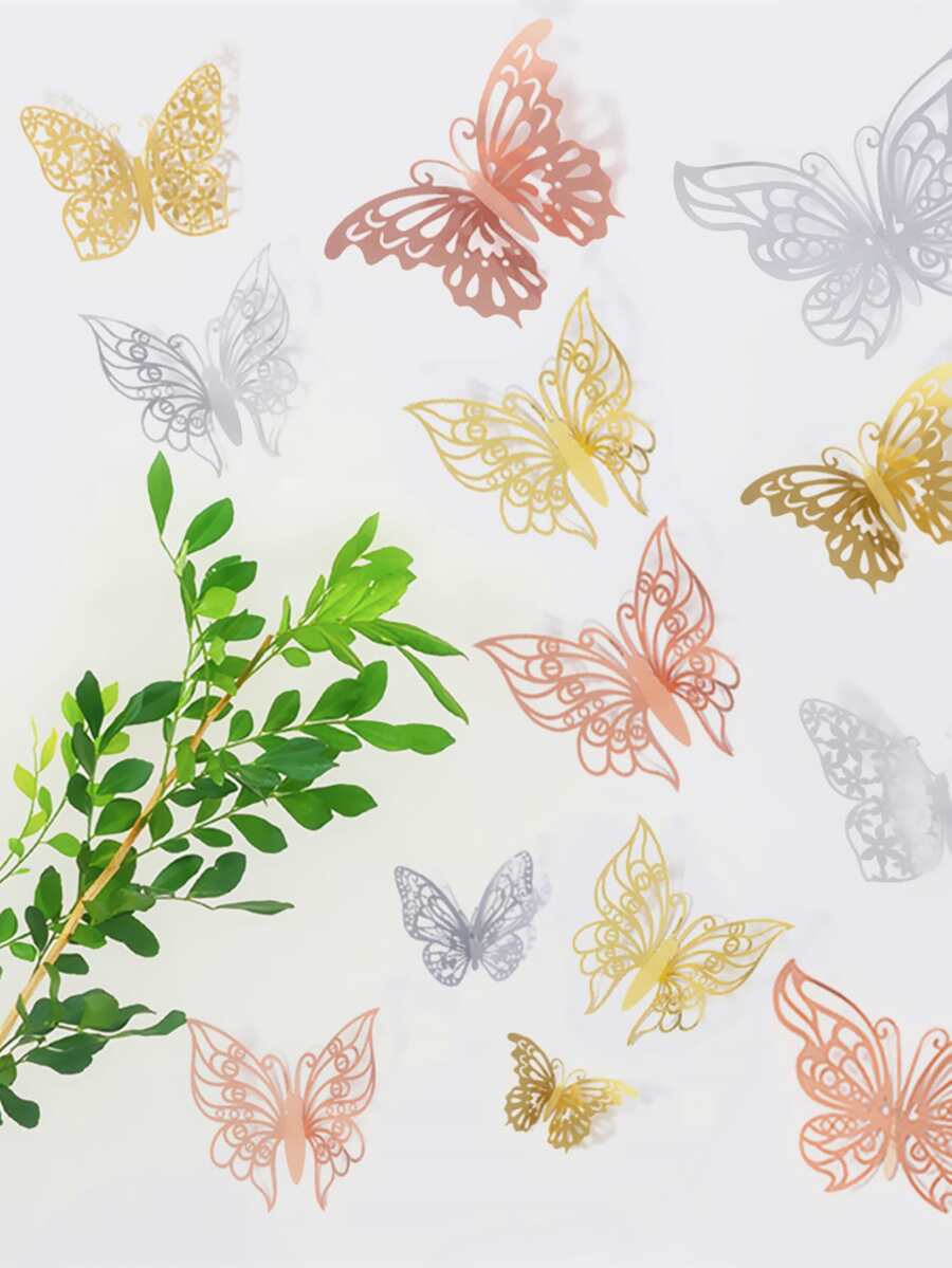 2pcs/set Gold And Silver Color 3d Butterfly Wall Stickers, Double-sided Decorative Butterflies - Gold - View 1