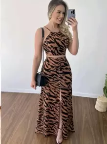 DOLCE MODA CONJUNTO SAIA E CROPPED FORRADO - Caramelo - Visão 1