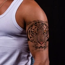 防水大半手臂老虎獅子圖案臨時紋身貼適合男人和女士 - 黑色 - 查看 1