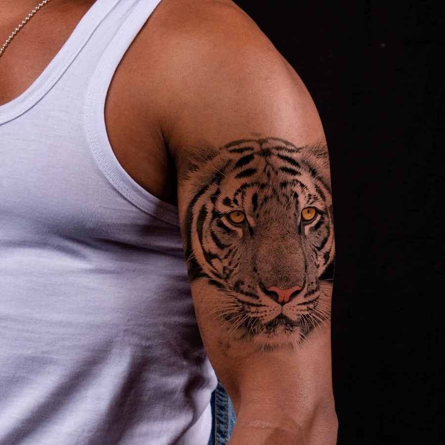 防水大半手臂老虎獅子圖案臨時紋身貼適合男人和女士 - 黑色 - 查看 1