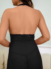 Sexy Lingerie For Women Lace Babydoll, Thong, Lace, Floral Design Ribbon On Chest - 黑色 - 查看 5