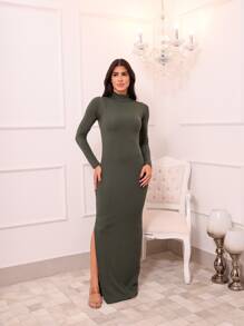 Vestido Longo Canelado Manga Longa com Gola - Verde Escuro - Visão 2