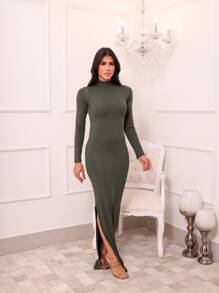 Vestido Longo Canelado Manga Longa com Gola - Verde Escuro - Visão 3