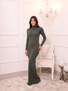 Vestido Longo Canelado Manga Longa com Gola - Verde Escuro - Visão 4