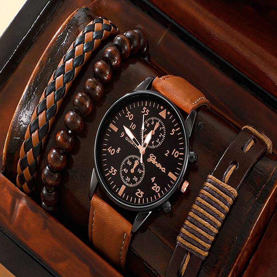 Set Reloj Caballero  Cafe Con Set Pulseras - Café - Ver 1