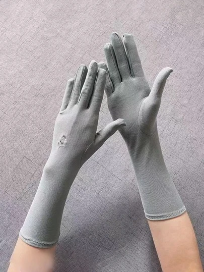 1pair Embroidered Sun Protection Gloves For Women, Thin & Medium Length, Suitable For Daily Work, Sports, And Cycling