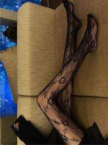 Floral Pattern Fishnet Tights - Black - View 4