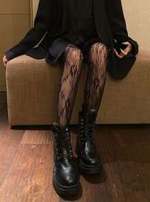 Floral Pattern Fishnet Tights - Black - View 1