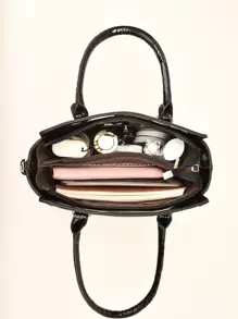 PLANEE 2pcs Fashionable Letter Patch Decorated Handbag With Coin Purse, Business Casual Woman Bag Perfect For Office Business And Work, Eye-Catching Work Bags For Women, Best Mother's Day Gifts Ever - Black - View 4