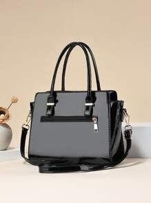 PLANEE 2pcs Fashionable Letter Patch Decorated Handbag With Coin Purse, Business Casual Woman Bag Perfect For Office Business And Work, Eye-Catching Work Bags For Women, Best Mother's Day Gifts Ever - Black - View 8