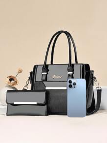 PLANEE 2pcs Fashionable Letter Patch Decorated Handbag With Coin Purse, Business Casual Woman Bag Perfect For Office Business And Work, Eye-Catching Work Bags For Women, Best Mother's Day Gifts Ever - Black - View 6