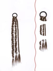 卡其色长发带合成编织束，仿珍珠装饰，适用于女士马尾辫固定发束弹性发绳