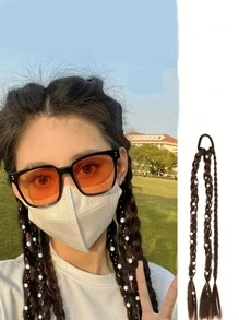 卡其色长发带合成编织束，仿珍珠装饰，适用于女士马尾辫固定发束弹性发绳