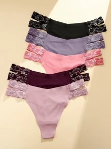 FINETOO 5pcs Women's Sexy Seamless Lace Floral Pattern V-Shaped Thongs With Side Straps - Multicolor - View 8