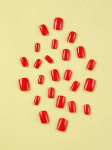 24 pezzi Unghie quadrate corte di forma neutra, unghie finte rosse grandi e solide, set di unghie acriliche finte, punte per unghie, set per manicure, include 1 foglio di adesivi e 1 lima mini, perfetto per uso quotidiano, forniture per unghie - Rosso - Visualizzare 4