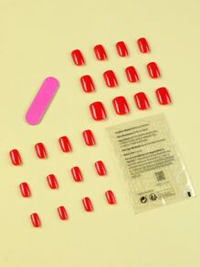 24 pezzi Unghie quadrate corte di forma neutra, unghie finte rosse grandi e solide, set di unghie acriliche finte, punte per unghie, set per manicure, include 1 foglio di adesivi e 1 lima mini, perfetto per uso quotidiano, forniture per unghie - Rosso - Visualizzare 2