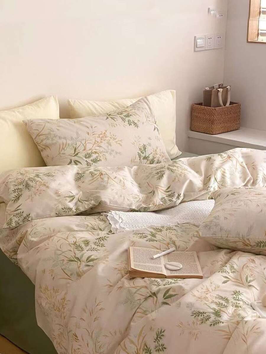 3pcs Leaf Pattern Soft Comfortable Duvet Cover Set - Mint Green - View 1
