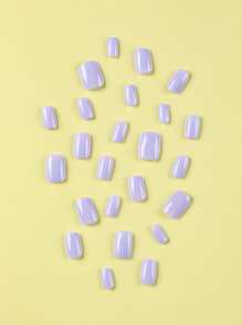 24片中性短方形美甲贴纸，纯紫色，亚克力材质，假指甲，美甲贴纸套装，包含1张粘性贴纸和1个迷你指甲锉，适合日常佩戴，美甲用品 - 淡紫色 - 查看 4