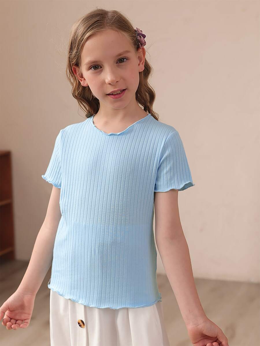 Gorlya十幾歲女孩捲邊裝飾純色肋紋針織T恤，適合休閒外出、購物、步行、返校、晚宴派對 - 藍色 - 查看 1