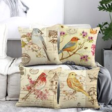 4入組小鳥和花卉圖案靠墊套不附帶墊芯 - 白色 - 查看 1