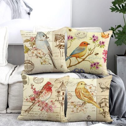 4入組小鳥和花卉圖案靠墊套不附帶墊芯