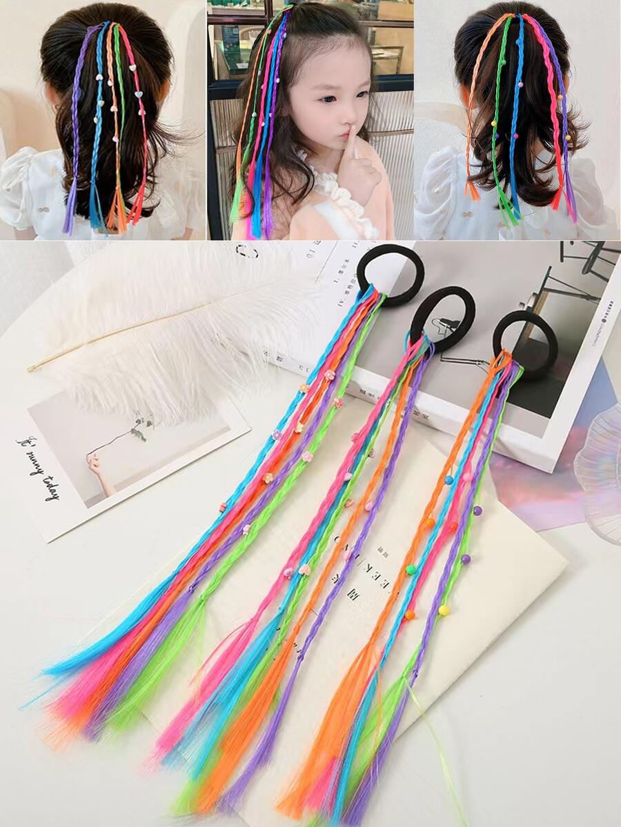 3入組隨機色樹脂花,心形釘珠和珍珠裝飾合成纖維髮辮適合女孩 - 彩色 - 查看 1