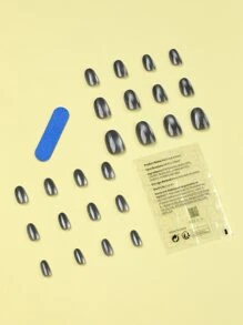 24 件中性短椭圆形指甲灰色猫眼纯色按压指甲亚克力指甲假指甲美甲套装可拆卸全覆盖持久耐用包括 1 片粘性标签和 1 个迷你锉刀非常适合日常佩戴美甲用品指甲 - 灰色 - 查看 2