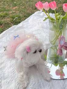 宠物连衣裙，蝴蝶结薄纱吊带裙，可爱猫狗蓬蓬裙，情人节宠物服装 - 粉色 - 查看 2